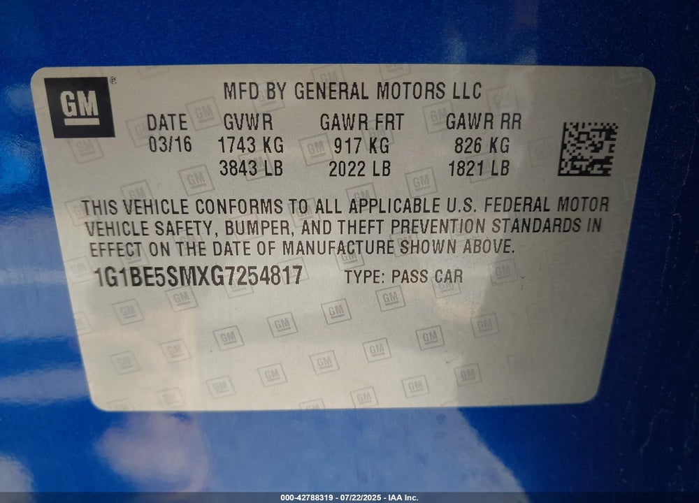 2016 CHEVROLET CRUZE VIN: 1G1BE5SMXG7254817