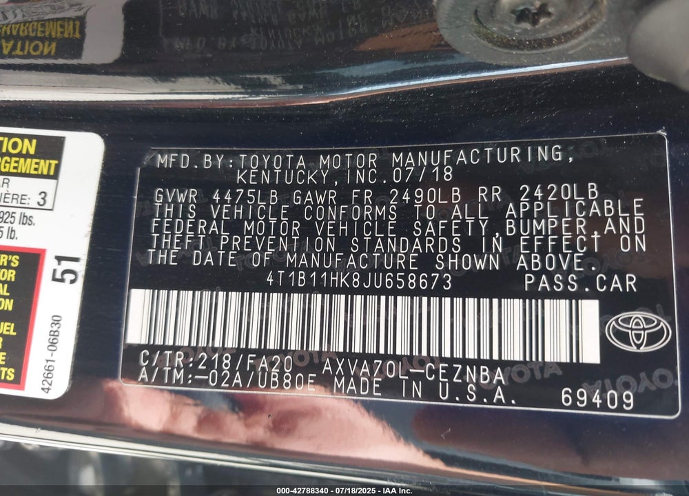 2018 TOYOTA CAMRY VIN: 4T1B11HK8JU658673