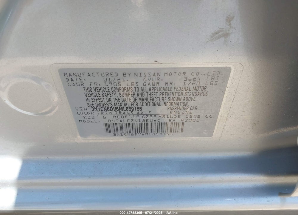 2021 NISSAN VERSA S XTRONIC CVT VIN: 3N1CN8DV6ML859155