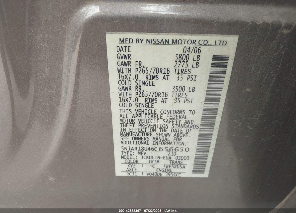 2006 NISSAN PATHFINDER SE VIN: 5N1AR18U46C656650