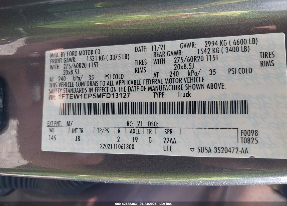 2021 FORD F-150 VIN: 1FTEW1EP5MFD13127