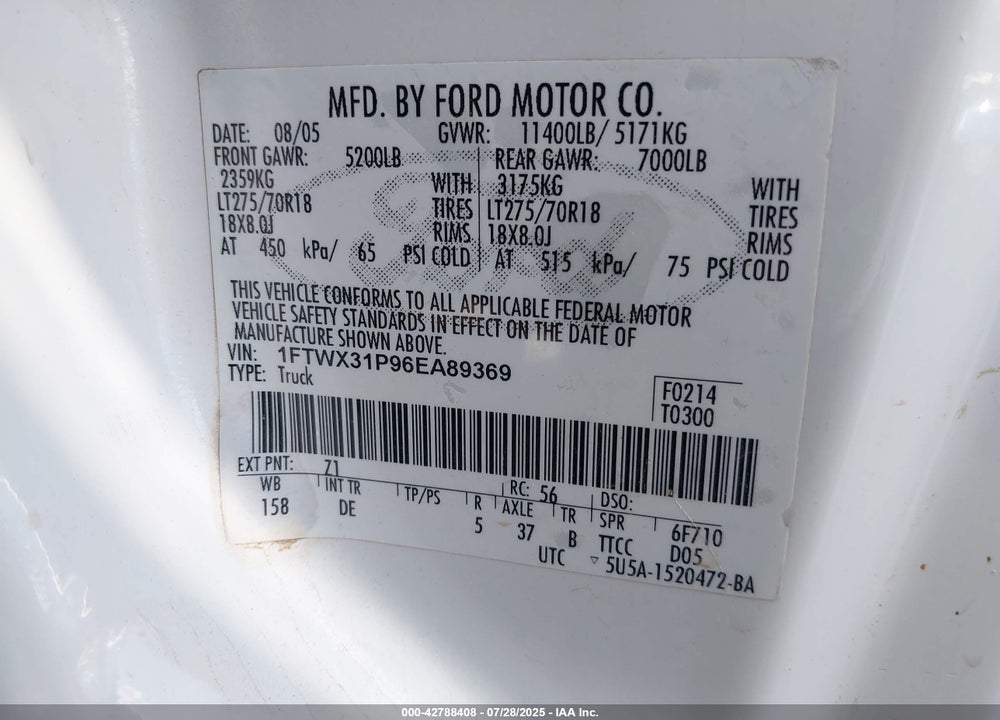 2006 FORD F-350 LARIAT/XL/XLT VIN: 1FTWX31P96EA89369