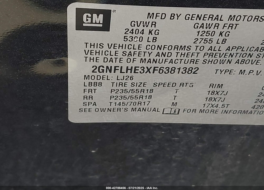 2015 CHEVROLET EQUINOX VIN: 2GNFLHE3XF6381382