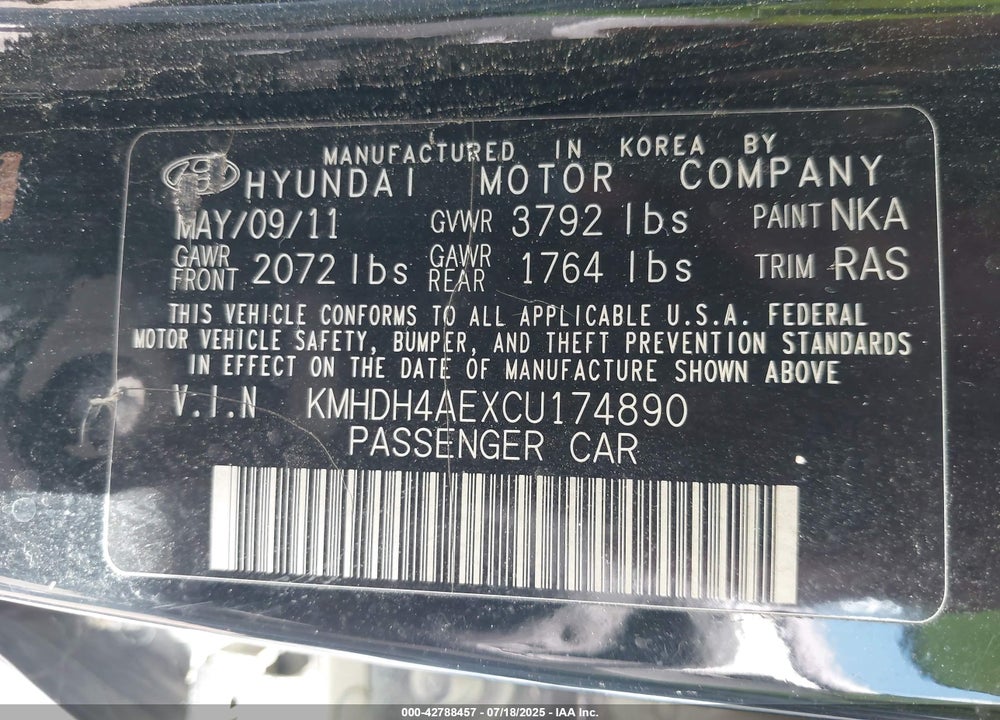 2012 HYUNDAI ELANTRA VIN: KMHDH4AEXCU174890