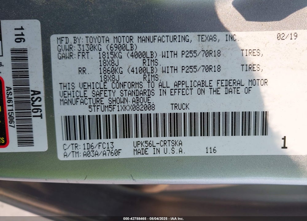 2019 TOYOTA TUNDRA VIN: 5TFUM5F1XKX082008
