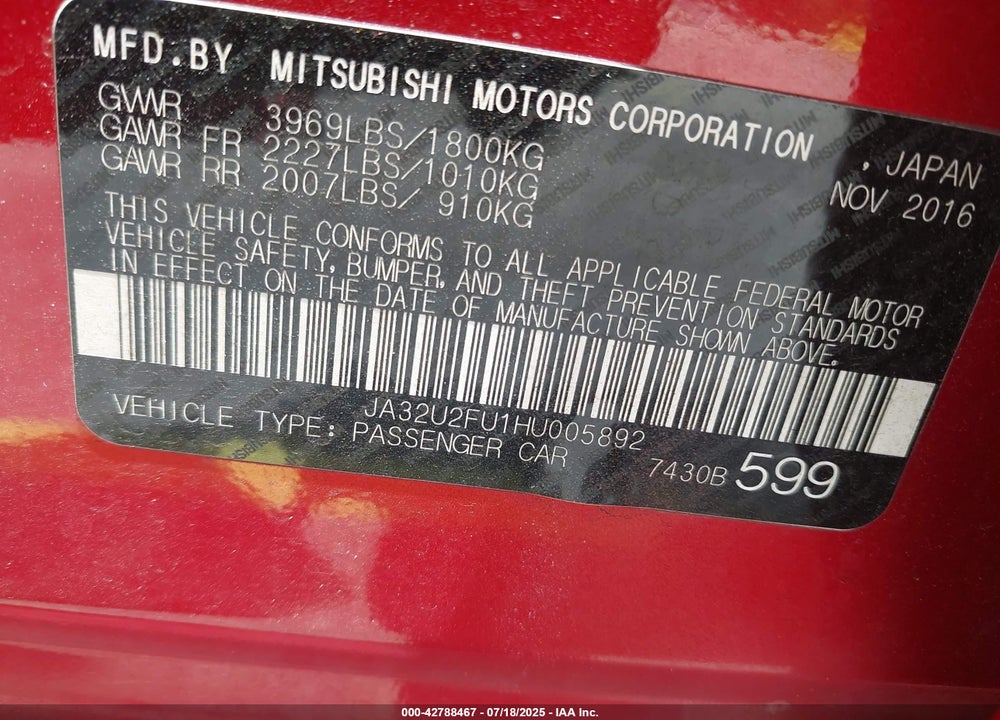 2017 MITSUBISHI LANCER VIN: JA32U2FU1HU005892