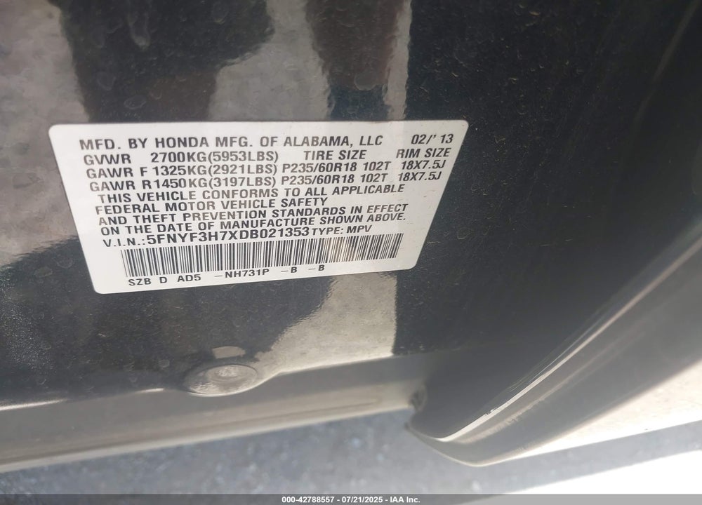2013 HONDA PILOT VIN: 5FNYF3H7XDB021353