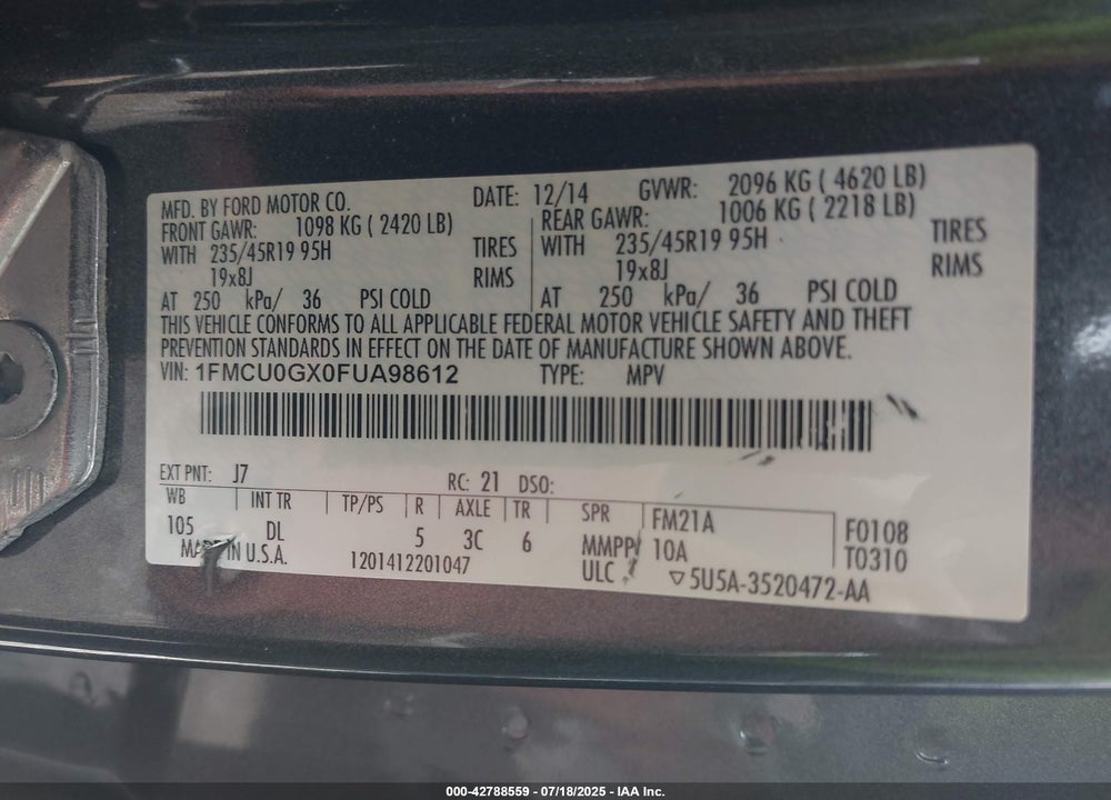 2015 FORD ESCAPE VIN: 1FMCU0GX0FUA98612