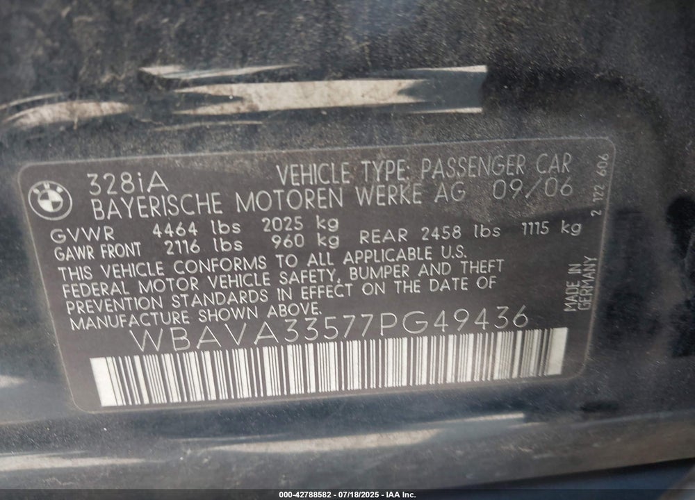 2007 BMW 328I VIN: WBAVA33577PG49436