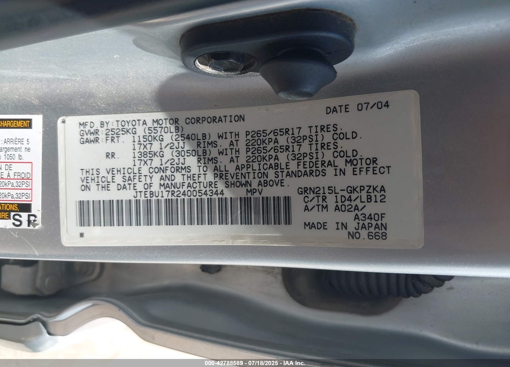 2004 TOYOTA 4RUNNER VIN: JTEBU17R240054344