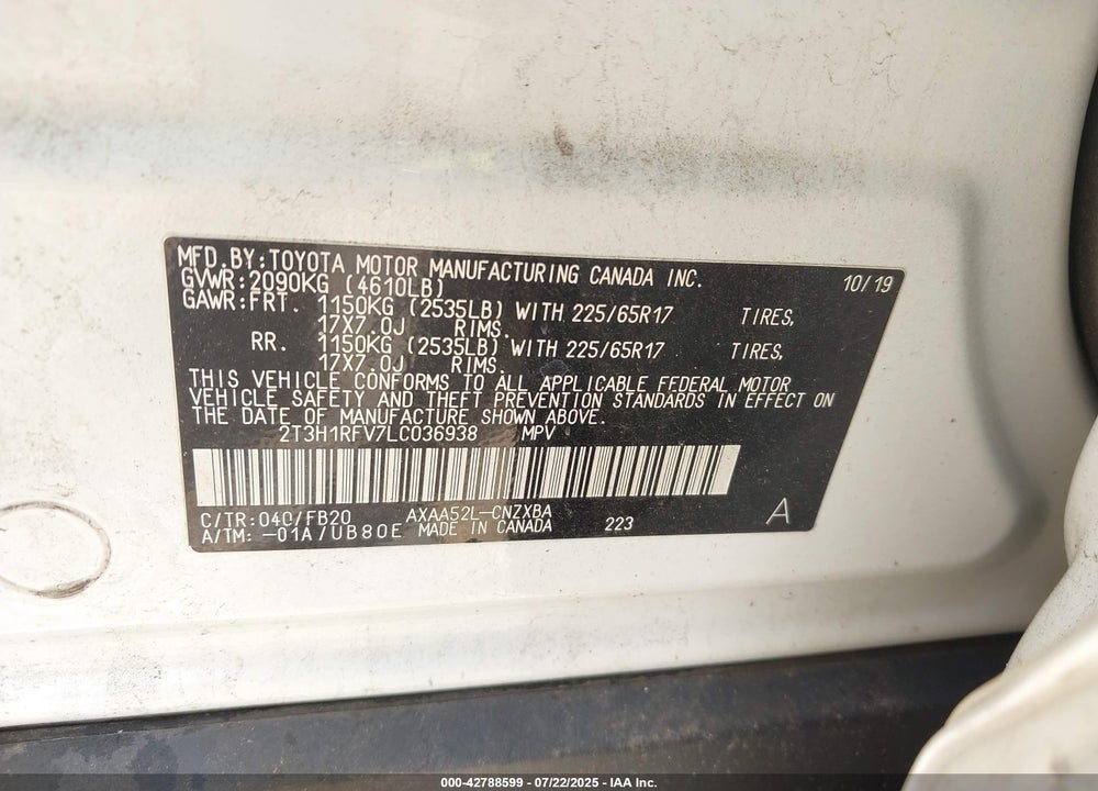 2020 TOYOTA RAV4 LE VIN: 2T3H1RFV7LC036938