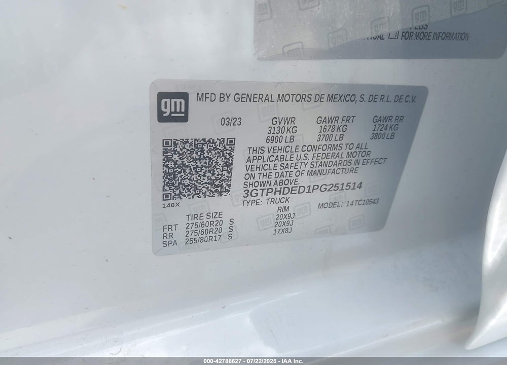 2023 GMC SIERRA 1500 VIN: 3GTPHDED1PG251514