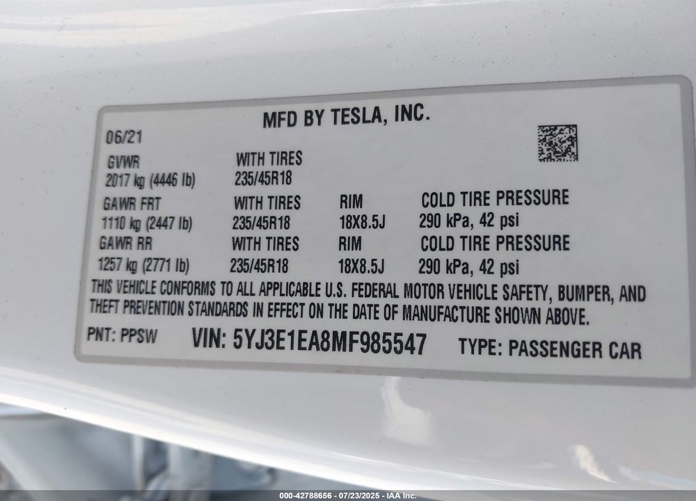 2021 TESLA MODEL 3 VIN: 5YJ3E1EA8MF985547