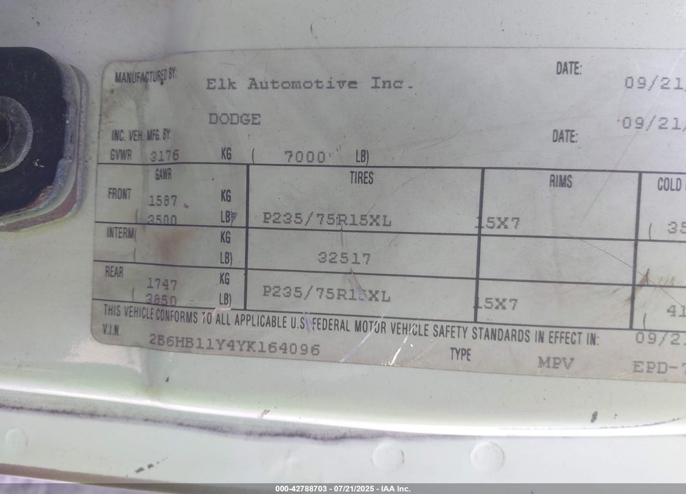 2000 DODGE RAM VAN 1500 CONVERSION VIN: 2B6HB11Y4YK164096