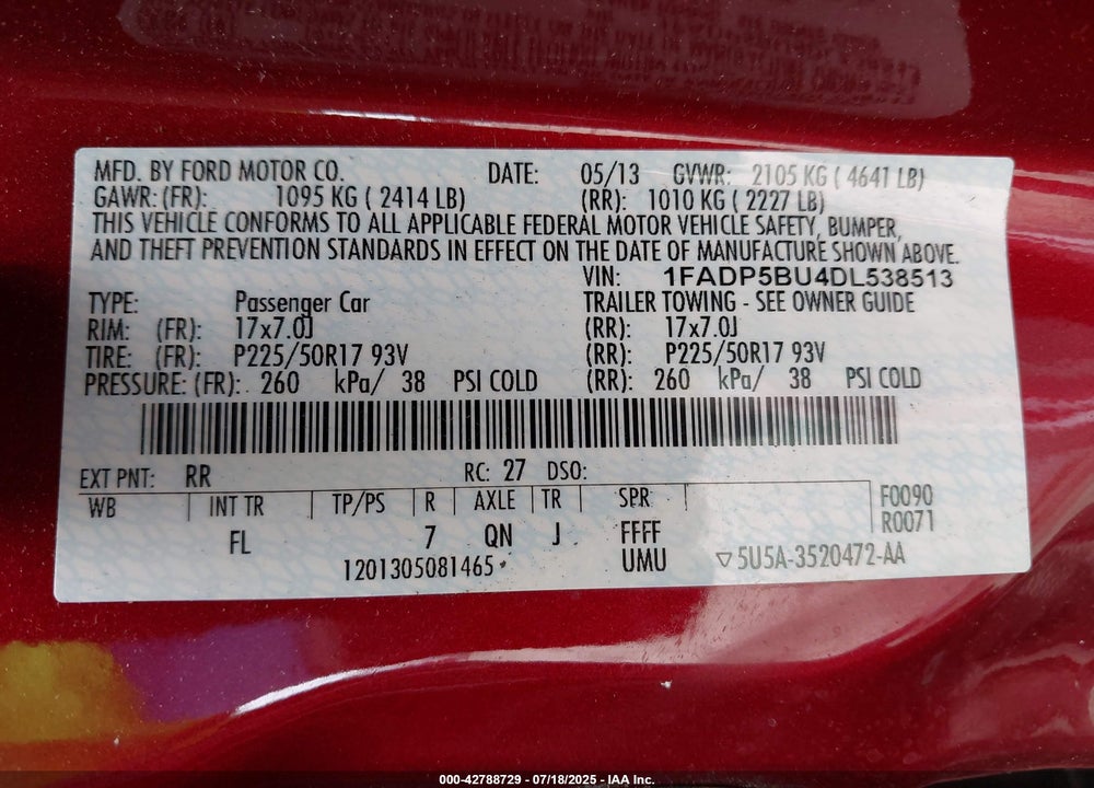 2013 FORD C-MAX HYBRID VIN: 1FADP5BU4DL538513