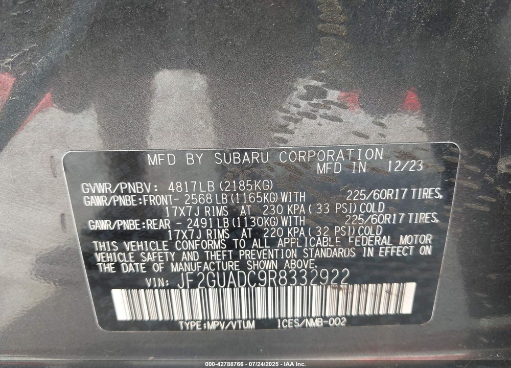 2024 SUBARU CROSSTREK VIN: JF2GUADC9R8332922