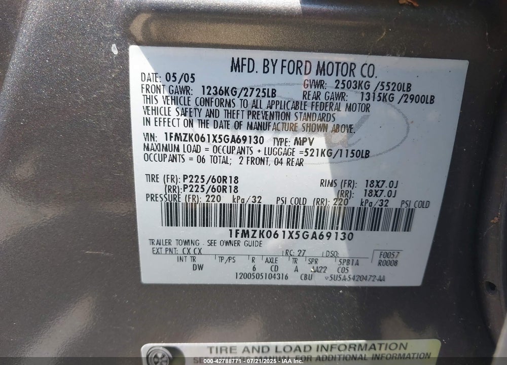 2005 FORD FREESTYLE LIMITED VIN: 1FMZK061X5GA69130
