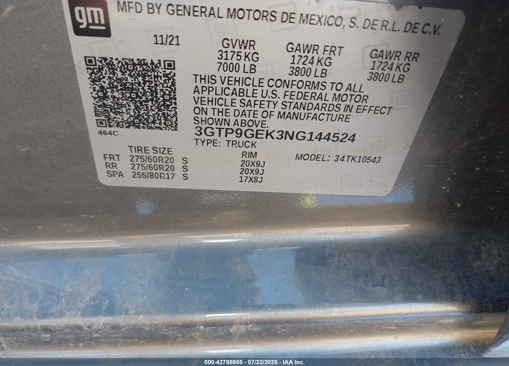 2022 GMC SIERRA 1500 LIMITED VIN: 3GTP9GEK3NG144524
