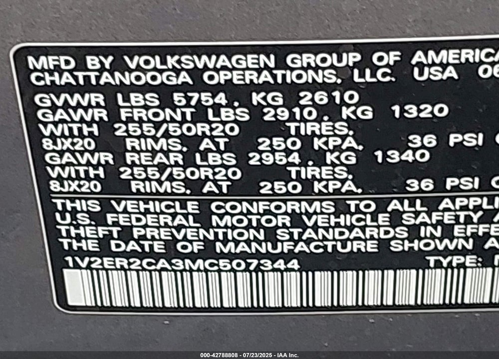 2021 VOLKSWAGEN ATLAS VIN: 1V2ER2CA3MC507344