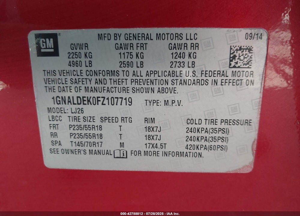 2015 CHEVROLET EQUINOX VIN: 1GNALDEK0FZ107719