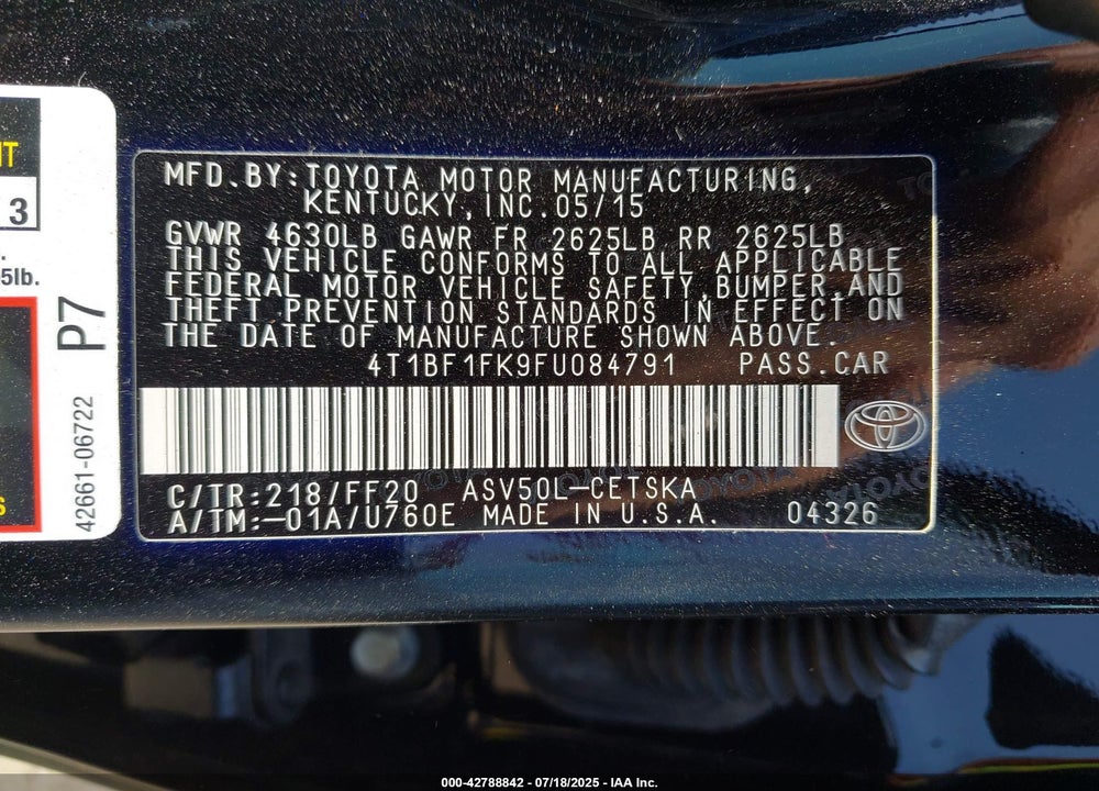 2015 TOYOTA CAMRY VIN: 4T1BF1FK9FU084791