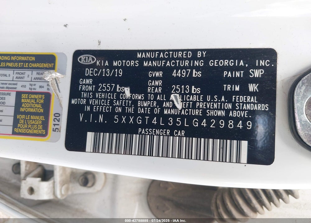 2020 KIA OPTIMA VIN: 5XXGT4L35LG429849