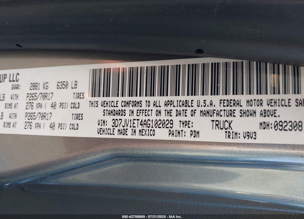 2010 DODGE RAM 1500 VIN: 3D7JV1ET4AG102029