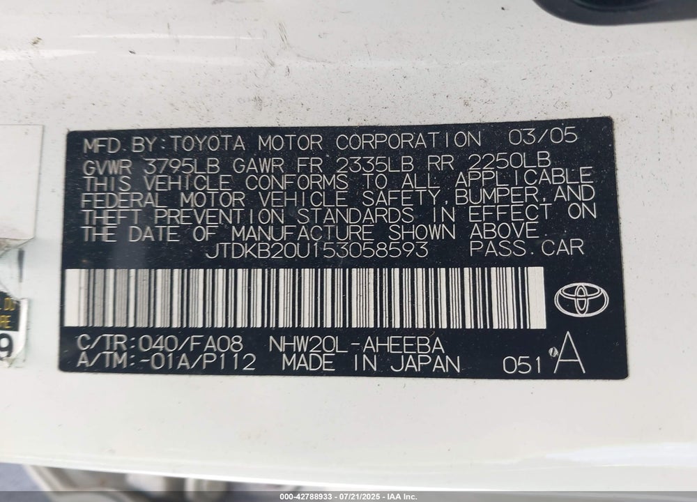 2005 TOYOTA PRIUS VIN: JTDKB20U153058593