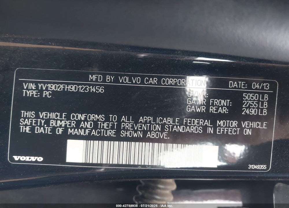 2013 VOLVO S60 VIN: YV1902FH9D1231456