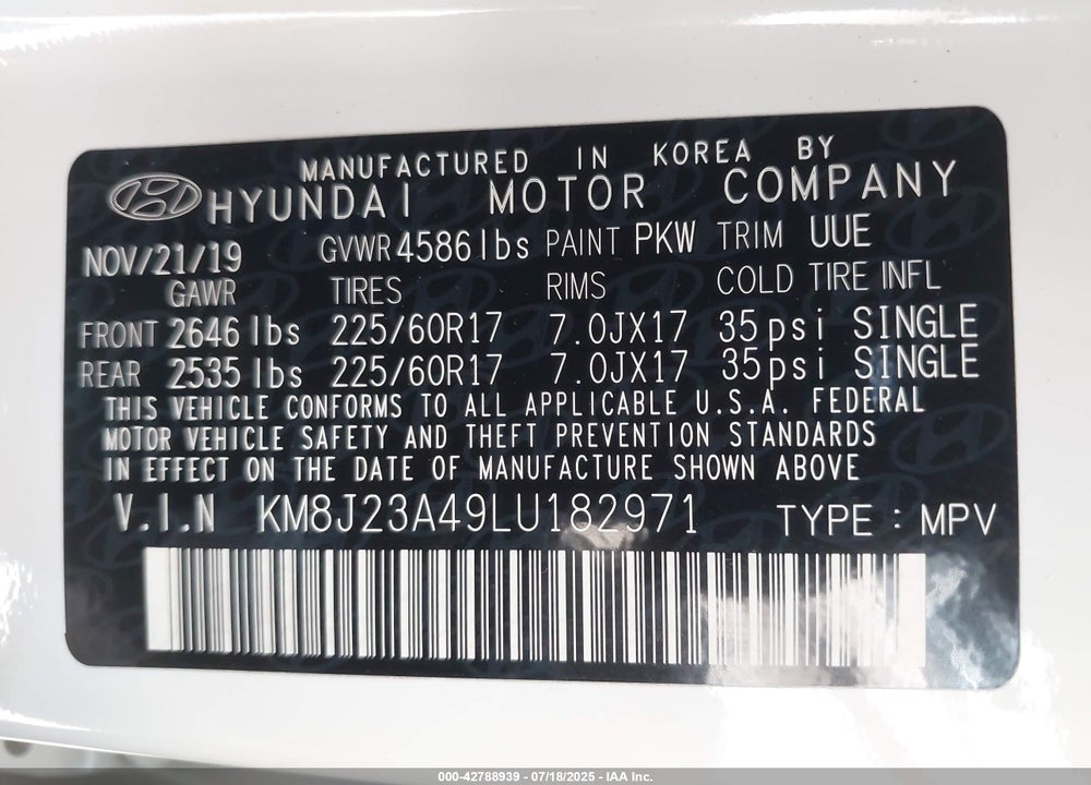 2020 HYUNDAI TUCSON SE VIN: KM8J23A49LU182971