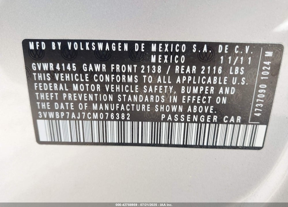 2012 VOLKSWAGEN JETTA VIN: 3VWBP7AJ7CM076382