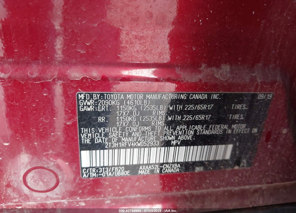 2019 TOYOTA RAV4 VIN: 2T3H1RFV4KW052933
