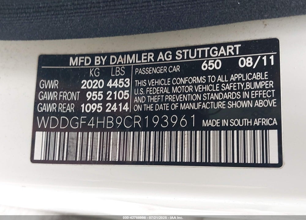 2012 MERCEDES-BENZ C CLASS VIN: WDDGF4HB9CR193961