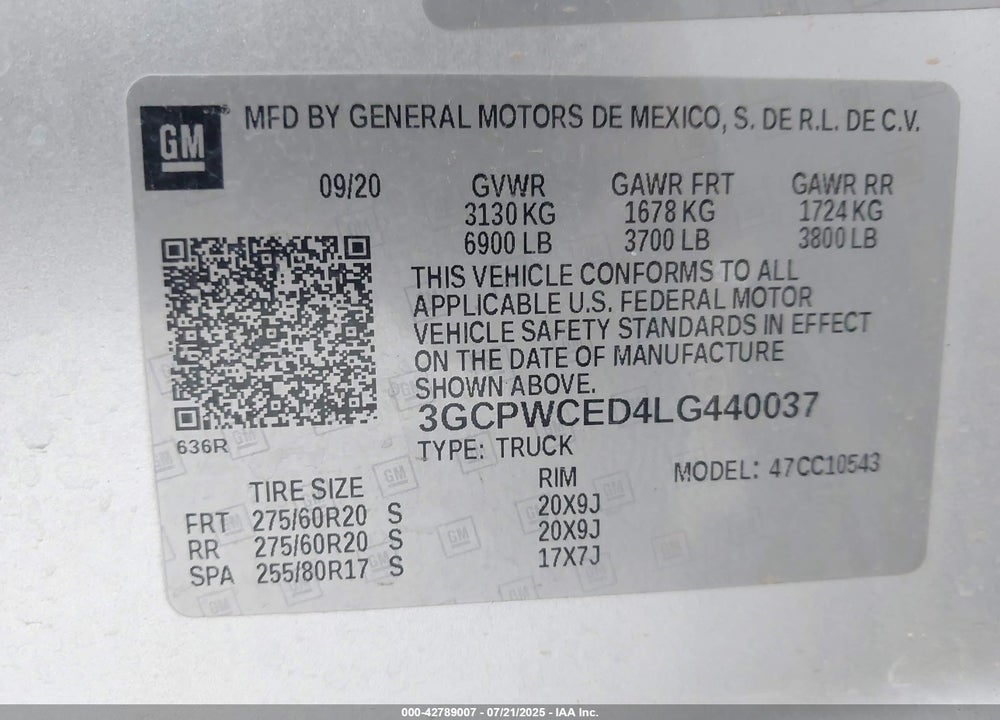 2020 CHEVROLET SILVERADO 1500 VIN: 3GCPWCED4LG440037