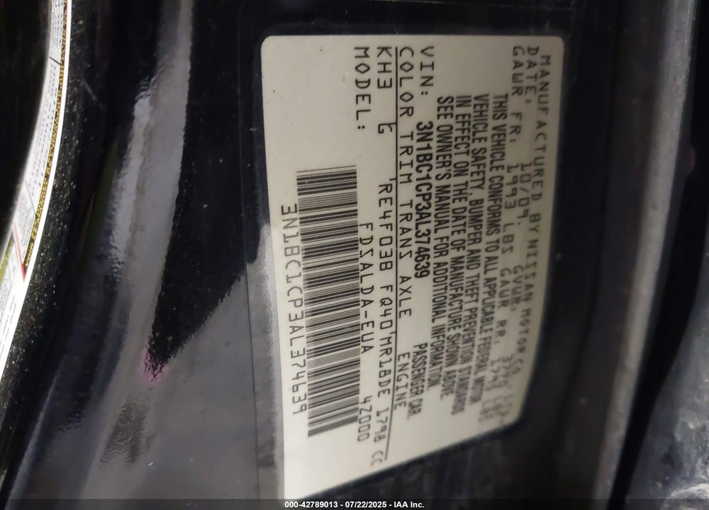 2010 NISSAN VERSA VIN: 3N1BC1CP3AL374639