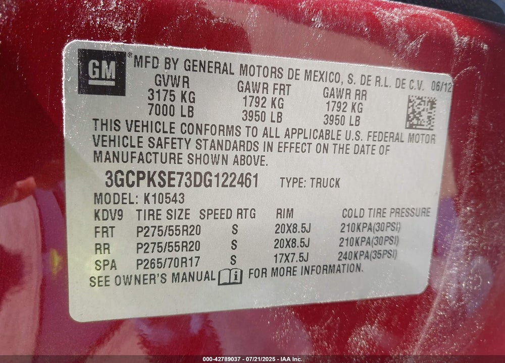2013 CHEVROLET SILVERADO 1500 VIN: 3GCPKSE73DG122461