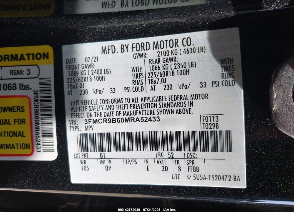 2021 FORD BRONCO SPORT VIN: 3FMCR9B60MRA52433
