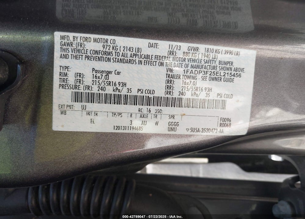 2014 FORD FOCUS VIN: 1FADP3F25EL215456