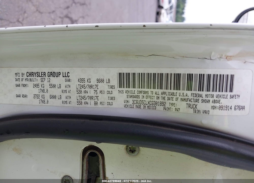2012 RAM 2500 VIN: 3C6UD5CLXCG301892