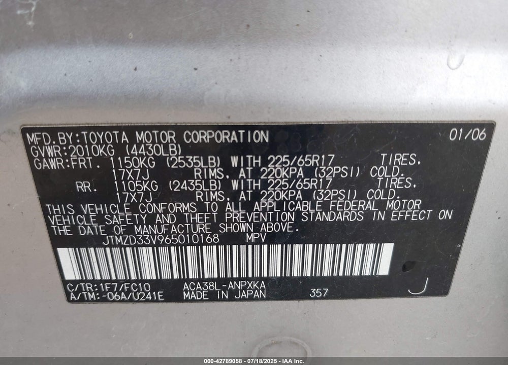 2006 TOYOTA RAV4 VIN: JTMZD33V965010168