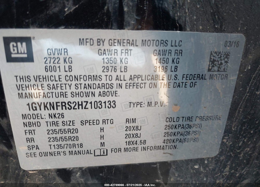 2017 CADILLAC XT5 VIN: 1GYKNFRS2HZ103133