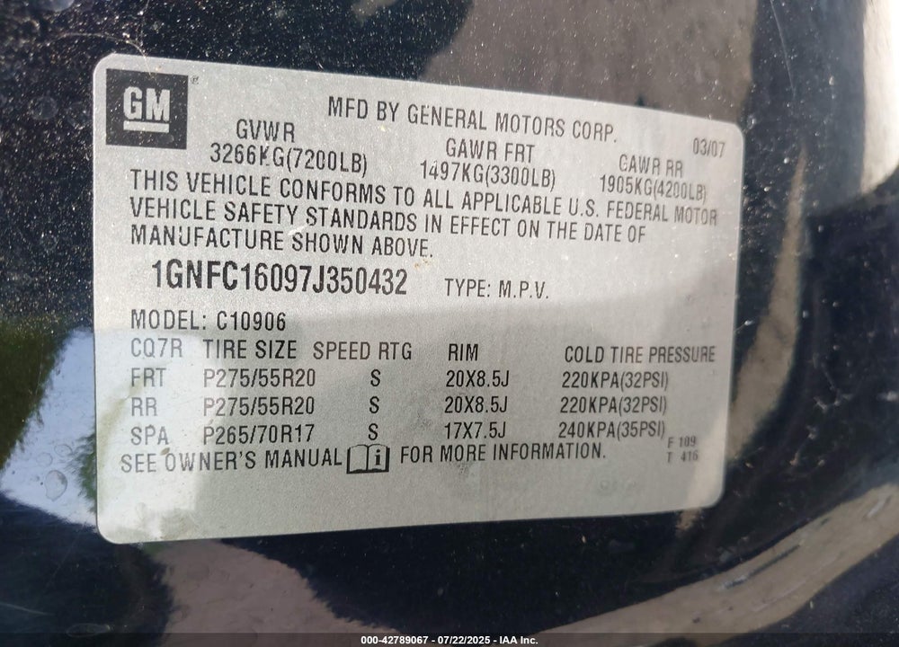 2007 CHEVROLET SUBURBAN 1500 VIN: 1GNFC16097J350432