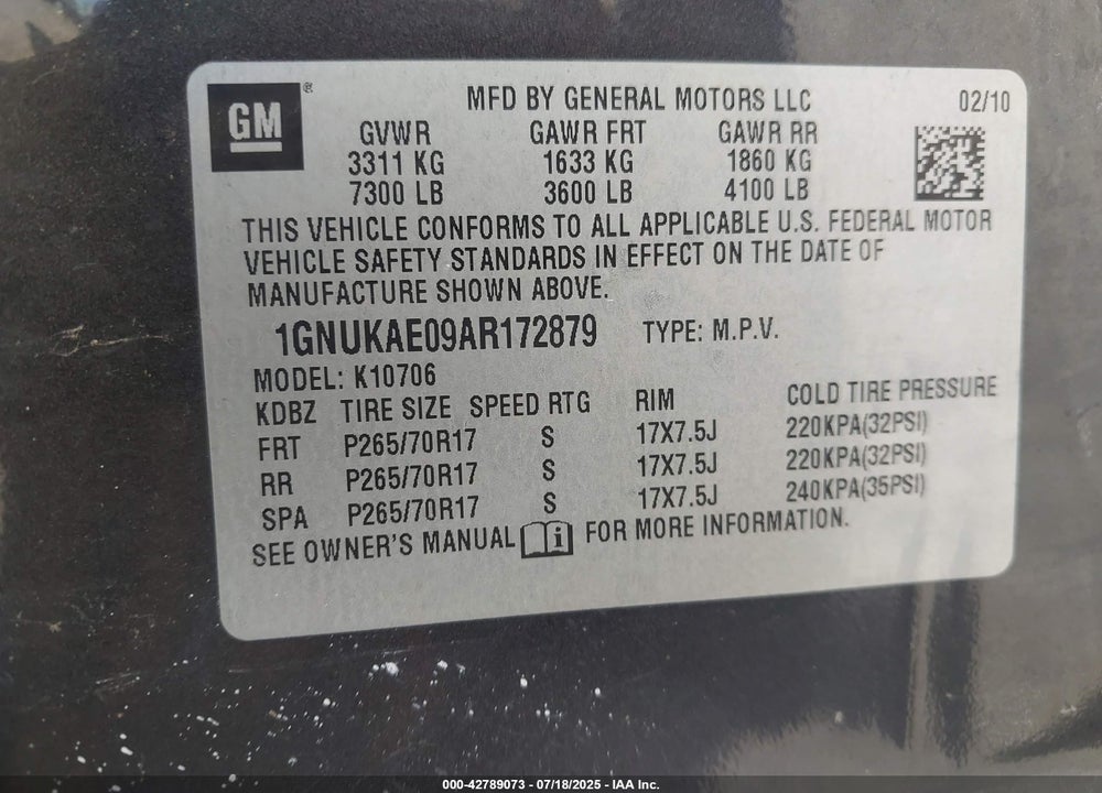 2010 CHEVROLET TAHOE VIN: 1GNUKAE09AR172879
