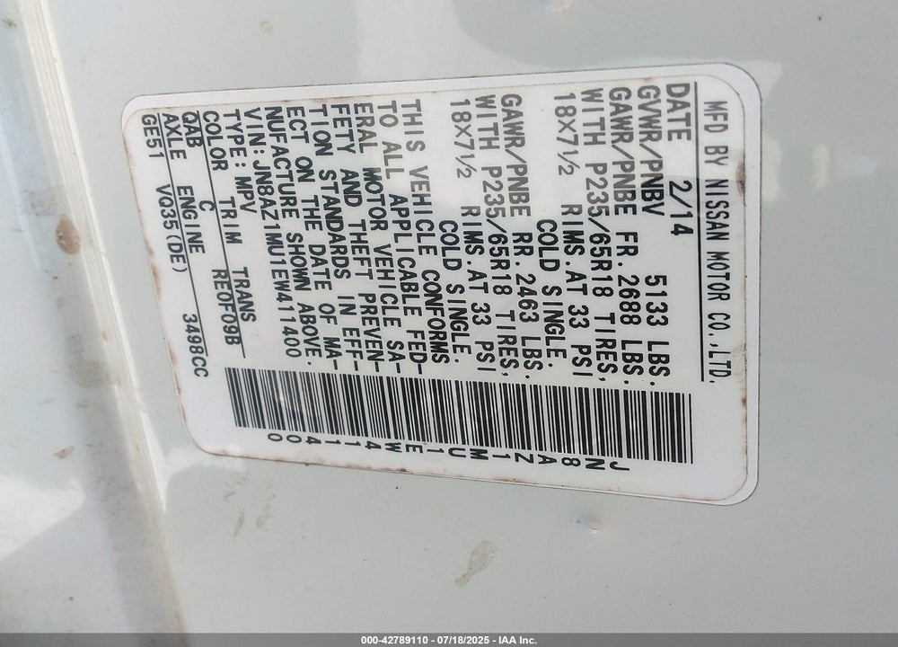 2014 NISSAN MURANO VIN: JN8AZ1MU1EW411400