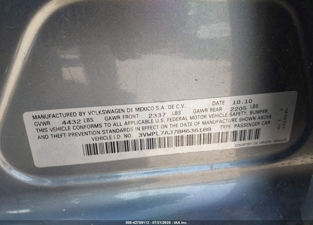 2011 VOLKSWAGEN JETTA VIN: 3VWPL7AJ7BM636188