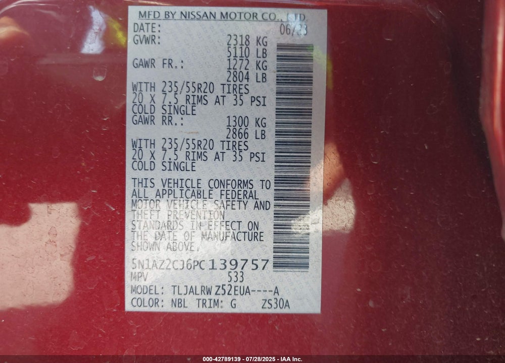 2023 NISSAN MURANO SL FWD VIN: 5N1AZ2CJ6PC139757