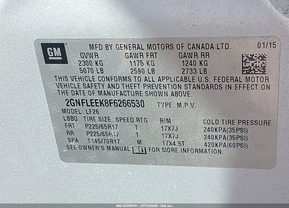 2015 CHEVROLET EQUINOX VIN: 2GNFLEEK8F6266530