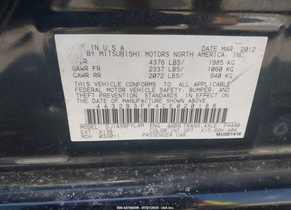 2012 MITSUBISHI GALANT VIN: 4A32B3FF4CE020188