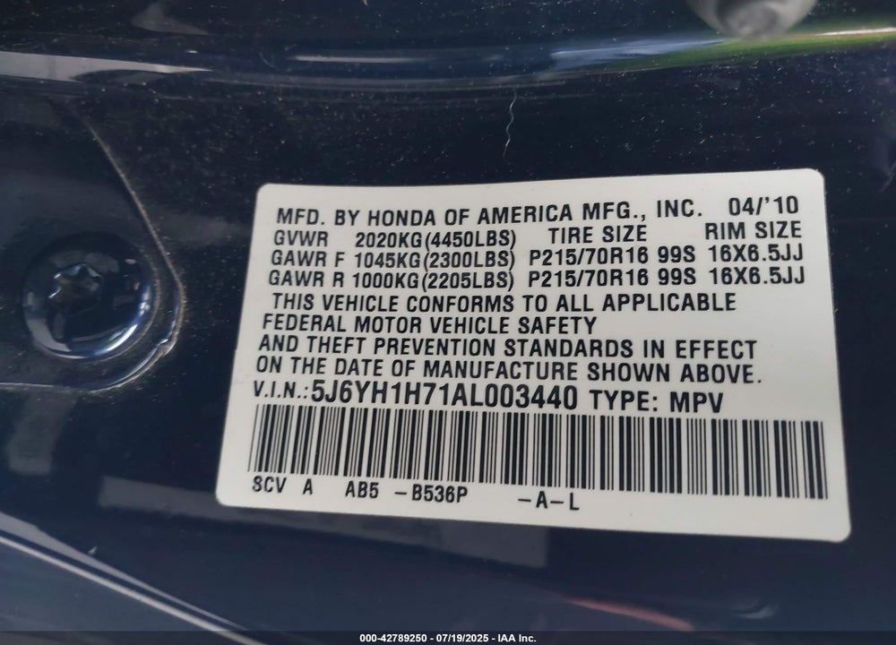 2010 HONDA ELEMENT VIN: 5J6YH1H71AL003440