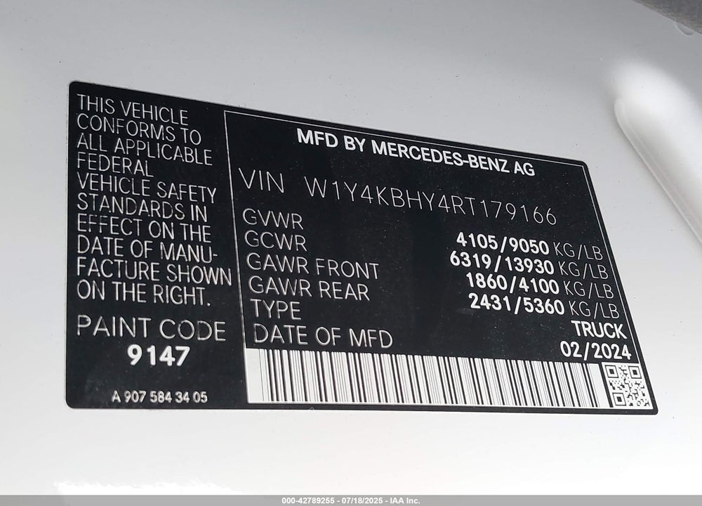 2024 MERCEDES-BENZ SPRINTER 2500 STANDARD ROOF 4-CYL DIESEL VIN: W1Y4KBHY4RT179166